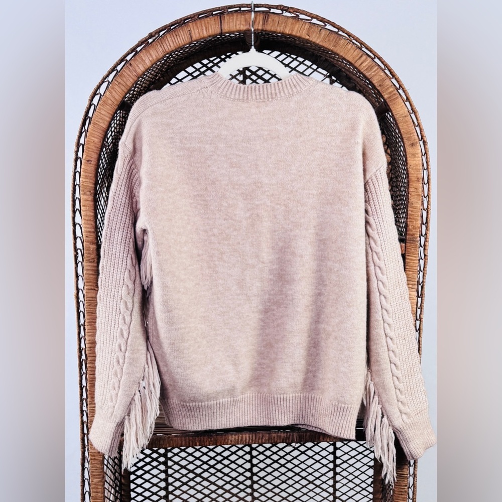 Bibi Fringe Knit Sweater Women’s Small Beige Pullover Cable Sleeve Boho Western - Picture 2 of 4